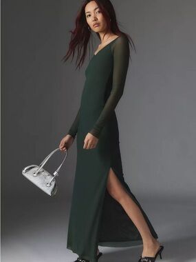 silence + noise Green Sheer- mesh Maxi Dress Side Slit - urban outfitters